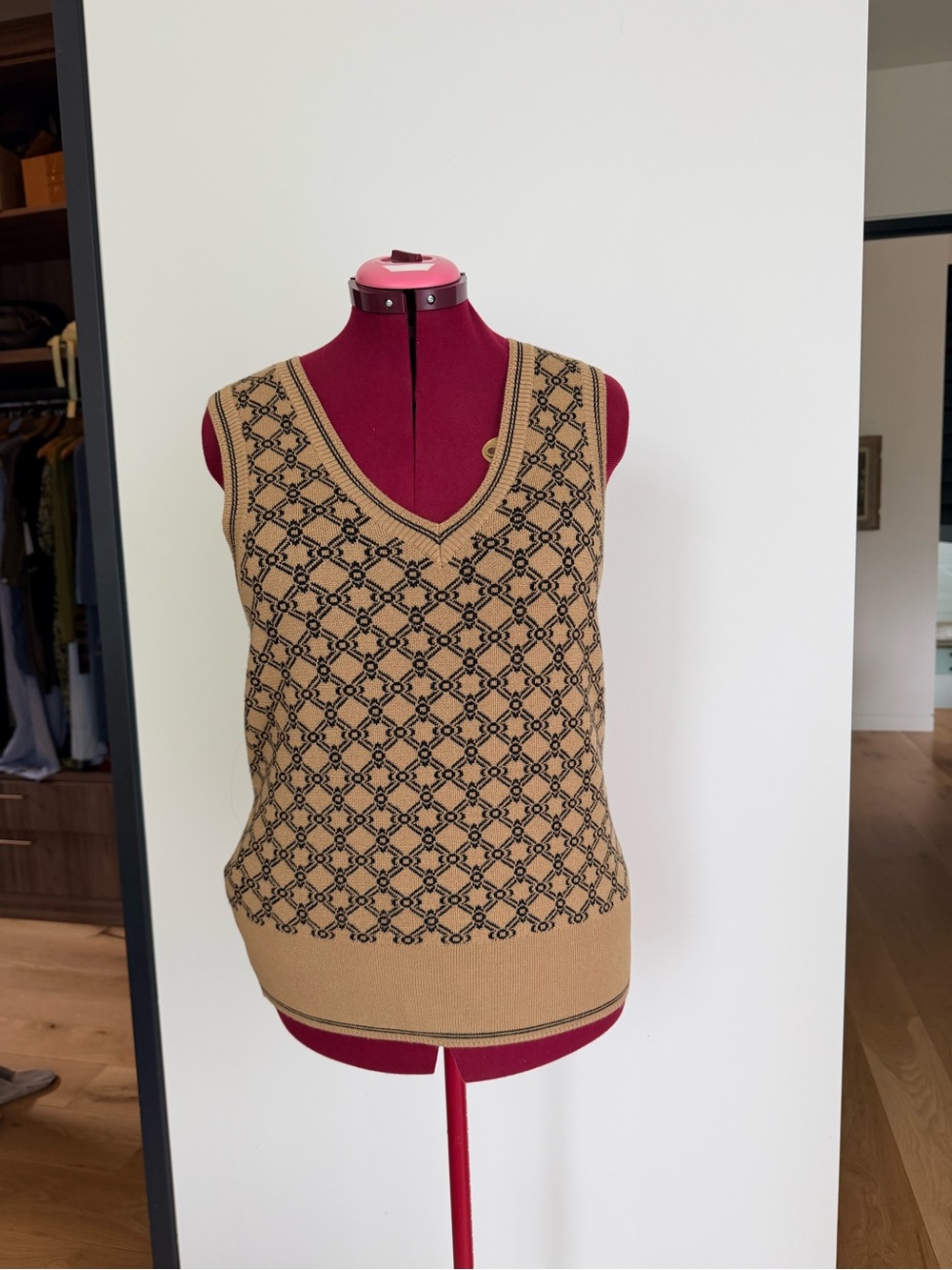 Trina Turk Tan and Black Geometric V-Neck Sweater Vest